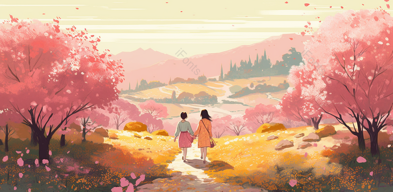 春天姐妹牵手唯美插画手绘场景,插画/手绘图,插画/手绘图库,插画/手绘图下载,插画/手绘